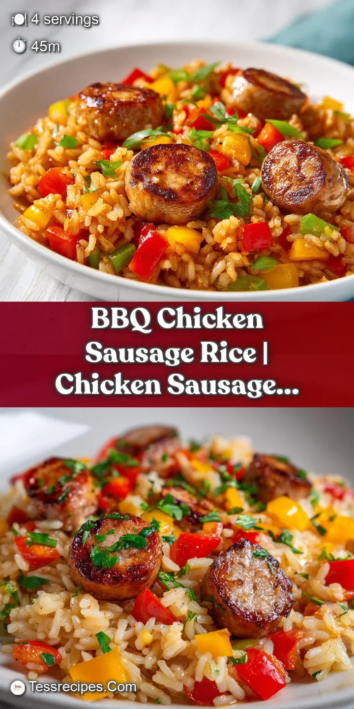 Close-up of glistening, caramel-colored BBQ chicken sausage slices atop a bed of soft, fluffy white rice grains.
