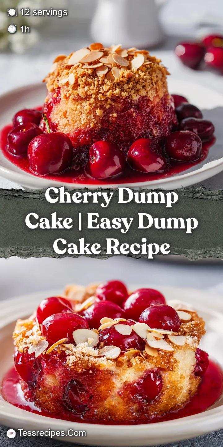 Extreme close-up of glossy, deep red cherries nestled under a golden, buttery cake crumble with syrupy drips.