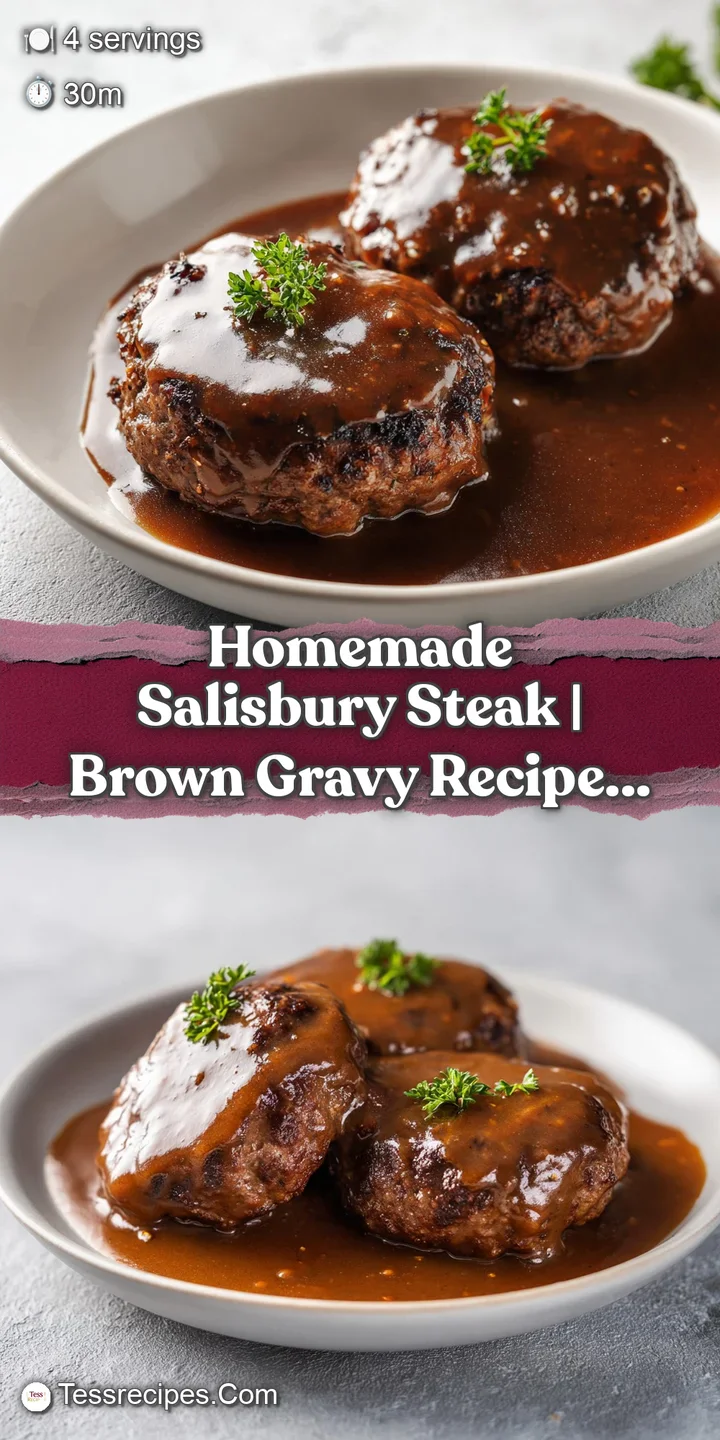 Close-up of a juicy Salisbury steak with a velvety gravy, showcasing its juicy texture and hearty serving on a white plate.