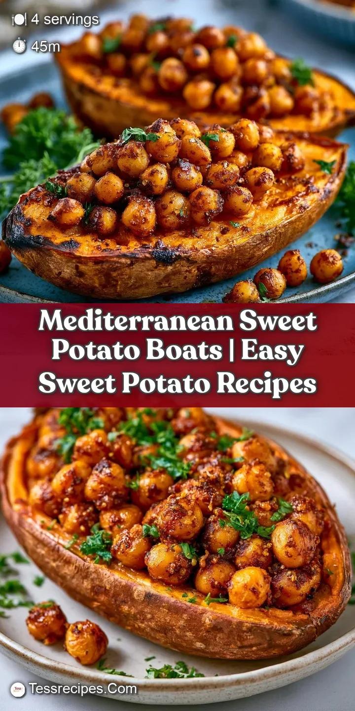 Close-up of golden roasted chickpeas and creamy sauce over a soft, charred sweet potato with bright herbs.