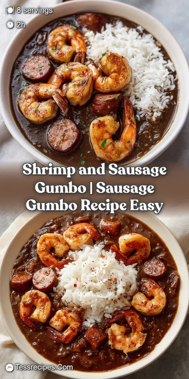 Close-up of plump pink shrimp and browned sausage coins simmering in a thick, glossy dark brown savory sauce.