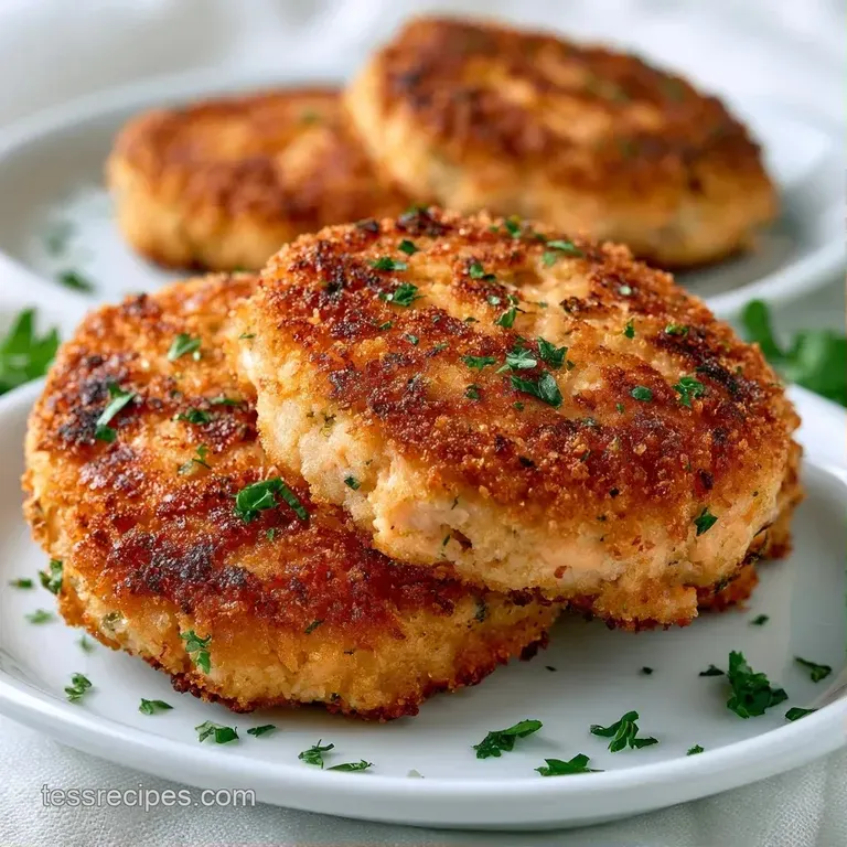 Perfectly browned salmon cakes stacked on a white platter beside a vibrant side salad and a creamy lemon aioli dip.