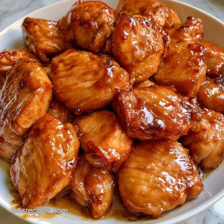 Glazed chicken thighs over fluffy white rice, garnished with vibrant green onions and toasted sesame seeds.