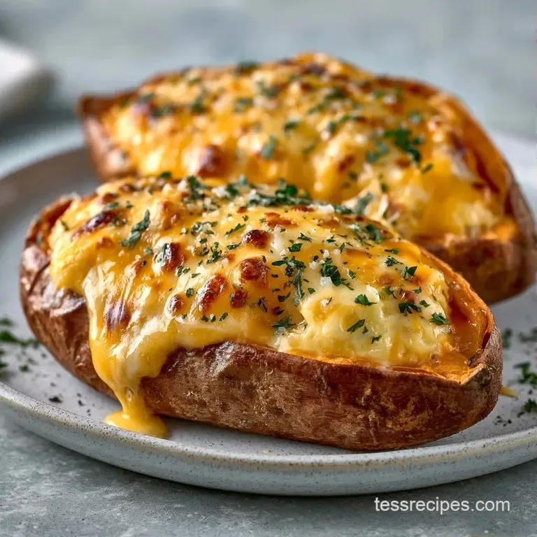 Four split orange potatoes on a white ceramic platter, drizzled with white sauce and sprinkled with parsley.