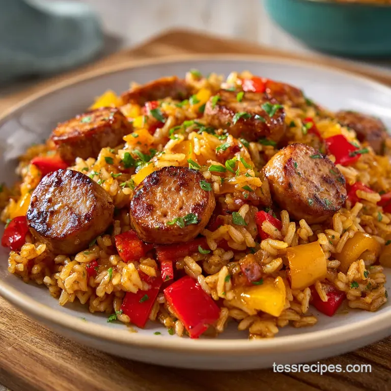 Elegant mound of fluffy white rice beside seared, sticky BBQ chicken sausages on a minimalist ceramic plate.