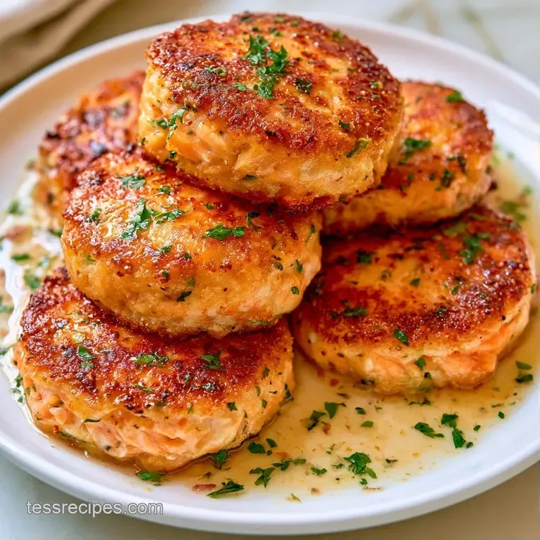 Three seared salmon patties stacked neatly on a white plate with a drizzle of creamy sauce and microgreen garnish.