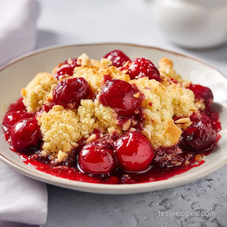A square slice of warm cherry cake topped with a melting scoop of vanilla ice cream on a white ceramic plate.