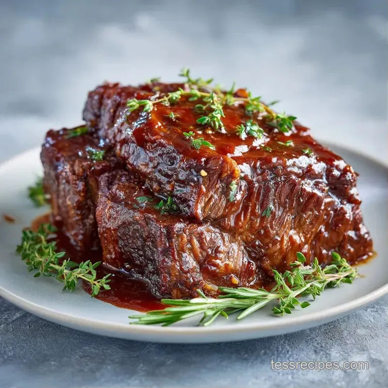 Plated braised beef with vibrant orange carrots and creamy mashed potatoes, garnished with fresh green parsley.