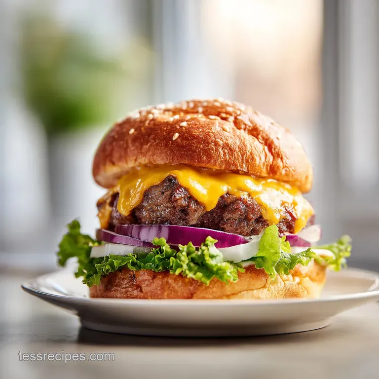 A stacked burger on a bun, glistening with melted cheese, served with crisp fries.
