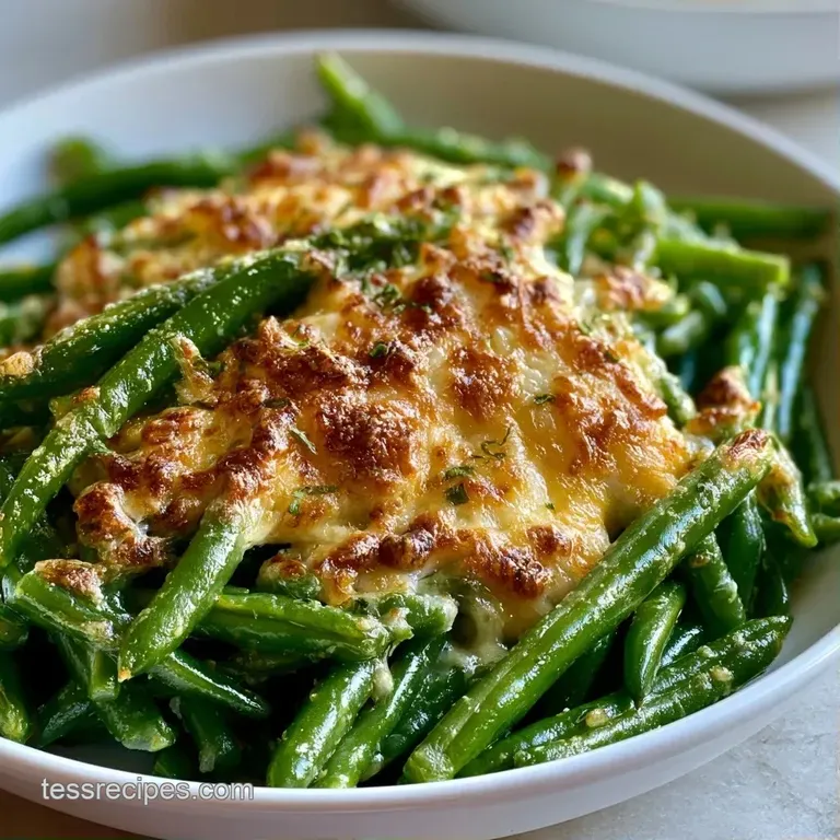 Elegant serving of creamy green beans topped with golden-brown onion crisps on a white plate with a linen napkin.