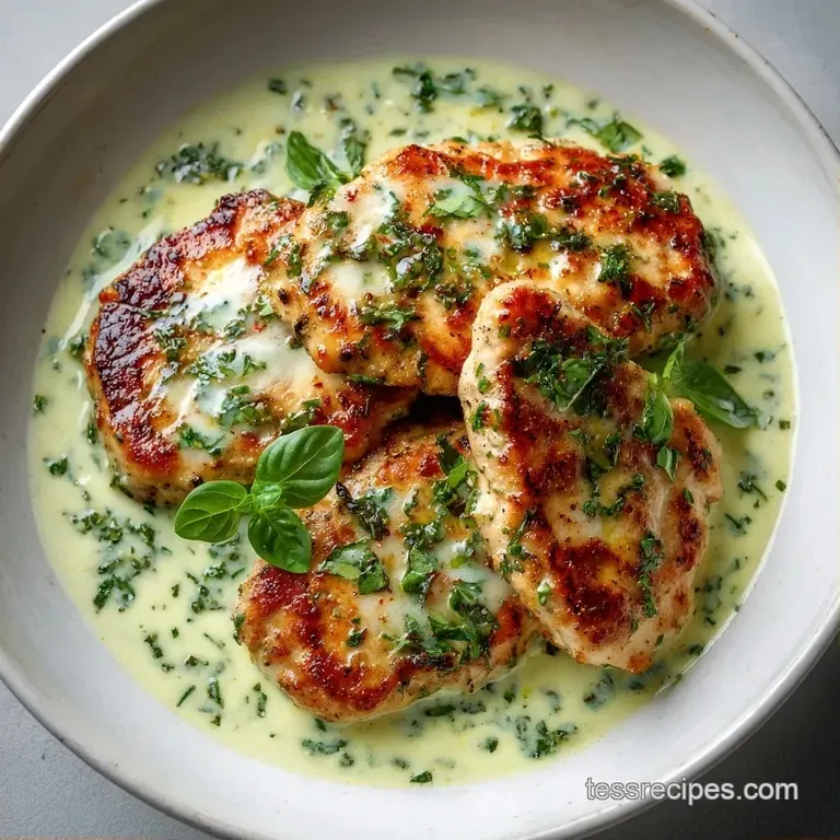 Elegant white plate featuring seared chicken breast drenched in a pale green cream sauce with a sprig of fresh basil.