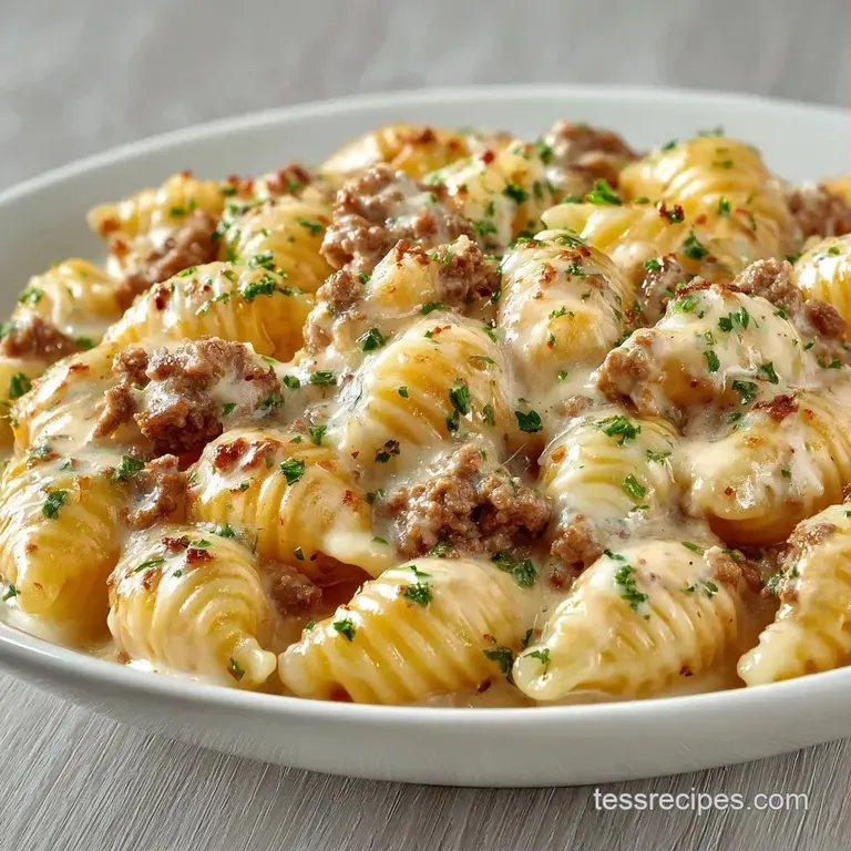A wide ceramic bowl filled with golden pasta shells and savory beef, garnished with melted cheese and sliced chives.
