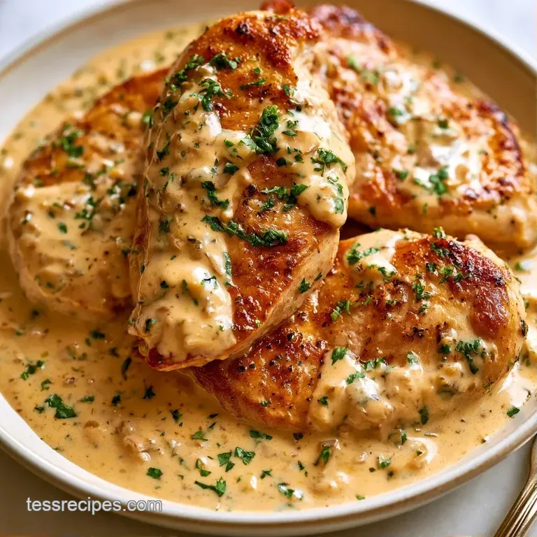 Sliced juicy chicken breast smothered in a thick cream sauce, served in a white bowl with a sprinkle of green herbs.