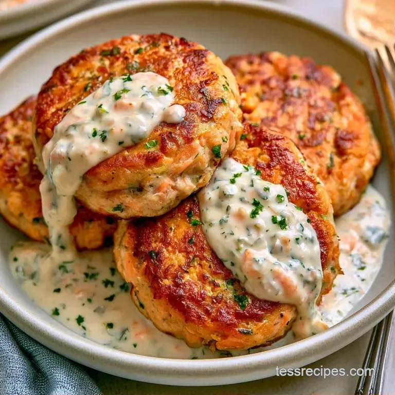 Three crispy cakes stacked on a bed of greens with a drizzle of creamy white sauce and a sprig of fresh parsley.