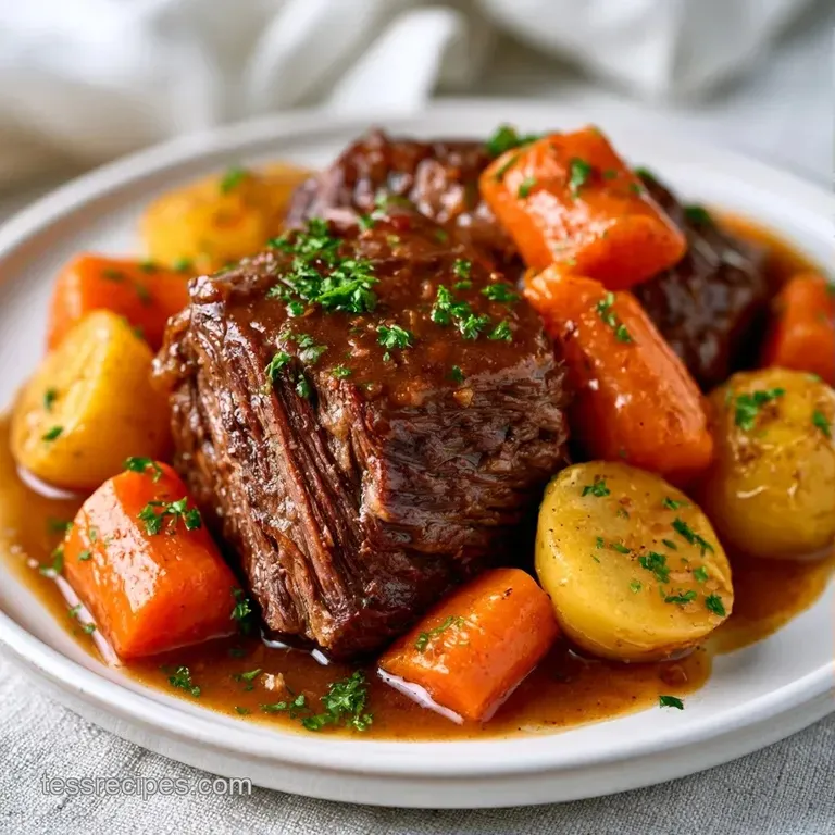 Slices of juicy brown meat on a white ceramic plate, drizzled with glossy gravy and topped with a sprig of fresh thyme.