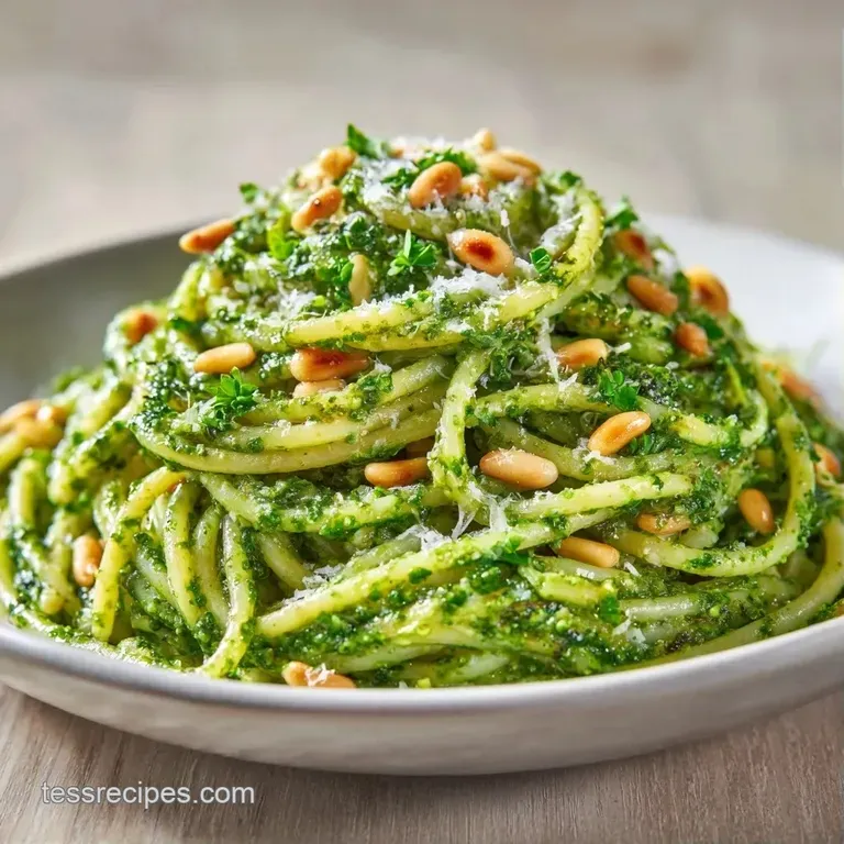 Twirled nests of bright green herb pasta on a white ceramic plate, garnished with toasted pine nuts and basil.