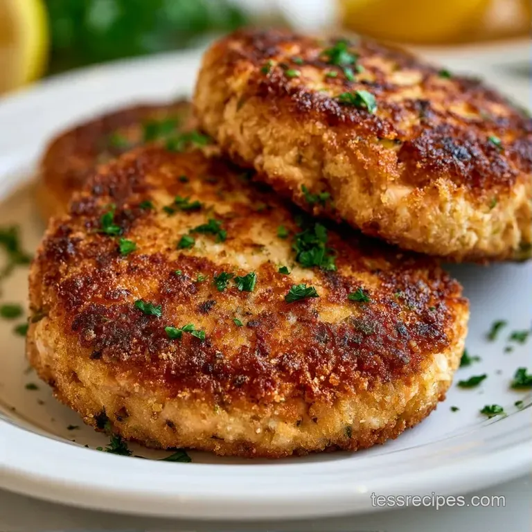 Three seared patties on a white plate with a swirl of tartare sauce, fresh dill, and a bright yellow lemon slice.