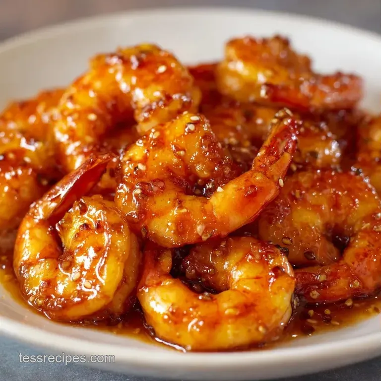 Plump pink shrimp drizzled in amber sauce over fluffy white rice in a shallow white bowl with fresh green parsley.