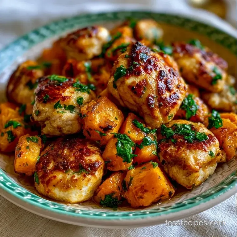 Vibrant orange roasted sweet potatoes and juicy chicken breast arranged on a white plate with fresh green herbs.