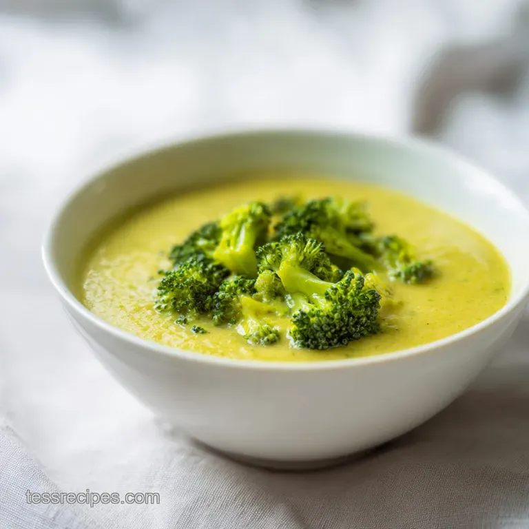 Steaming golden cheese soup in a white bowl, garnished with a swirl of cream and fresh chopped chives on a linen cloth.