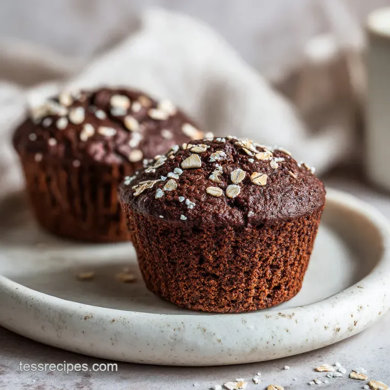 Single moist chocolate muffin on a white ceramic plate, dusted with cocoa powder and paired with a fresh mint leaf.