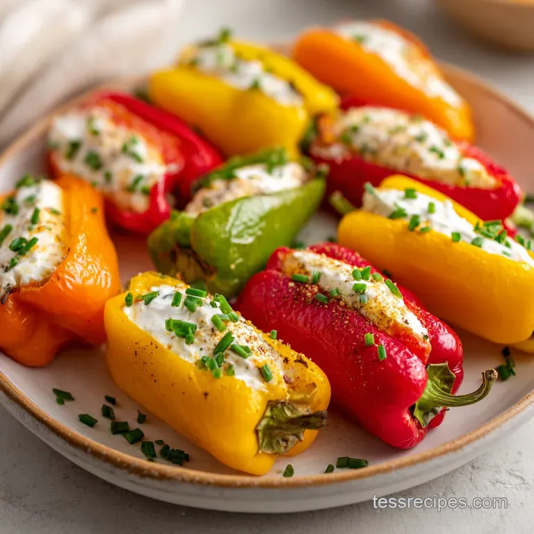 Colorful stuffed mini peppers on a white ceramic platter, garnished with fresh chopped chives and cracked pepper.