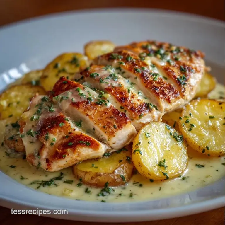 Neatly plated golden chicken breast over a swirl of fluffy white potatoes and vibrant green broccoli florets.