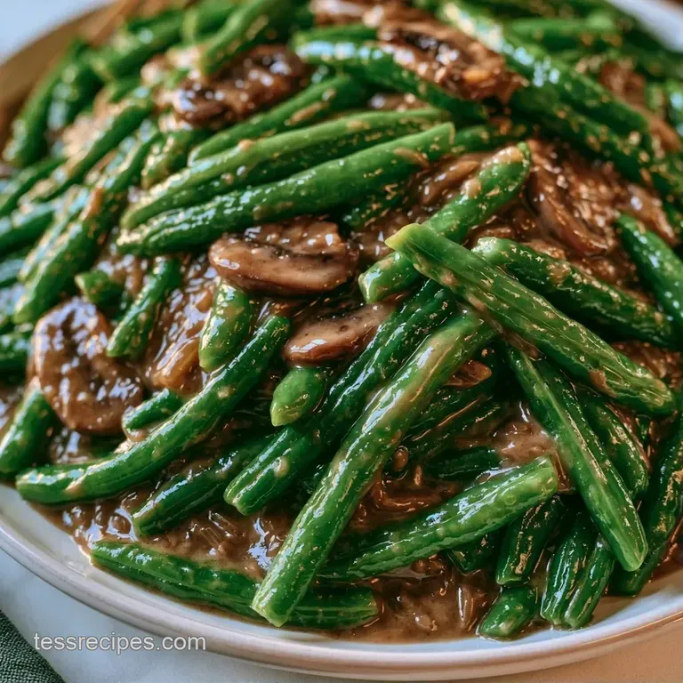 A neat scoop of velvety green beans and golden onions served on a matte black plate with a garnish of fresh herbs.