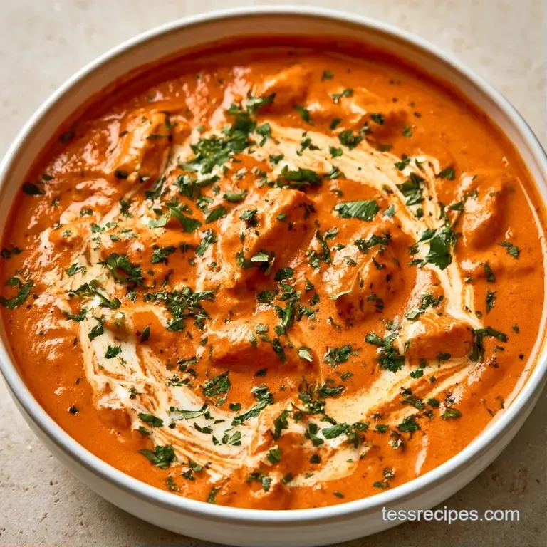 Creamy orange curry in a copper pot served alongside fluffy white basmati rice and a piece of toasted garlic naan.