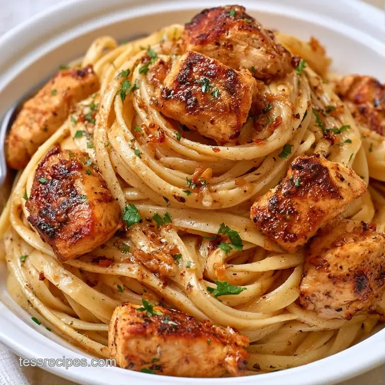 A shallow white bowl of creamy pasta topped with sliced grilled chicken and a sprinkle of bright green parsley.