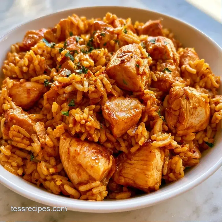 A white porcelain plate featuring tender chicken pieces atop fluffy yellow rice, garnished with a sprig of fresh thyme.