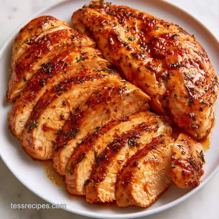 Sliced succulent chicken breast resting on a swirl of mashed potatoes with a drizzle of golden pan sauce.