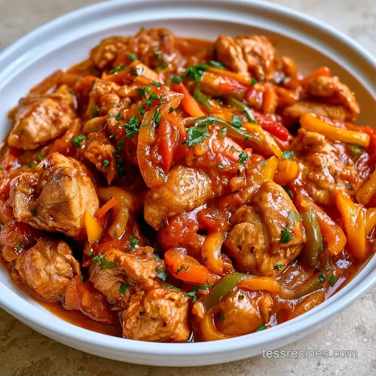 Braised chicken thighs in a glossy red sauce, plated on white ceramic with a sprinkle of fresh green parsley.