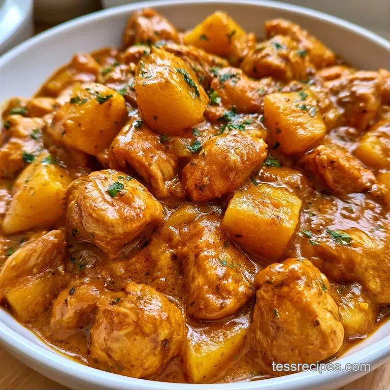 Creamy orange-hued curry in a white bowl paired with fluffy white basmati rice and a sprig of fresh cilantro.