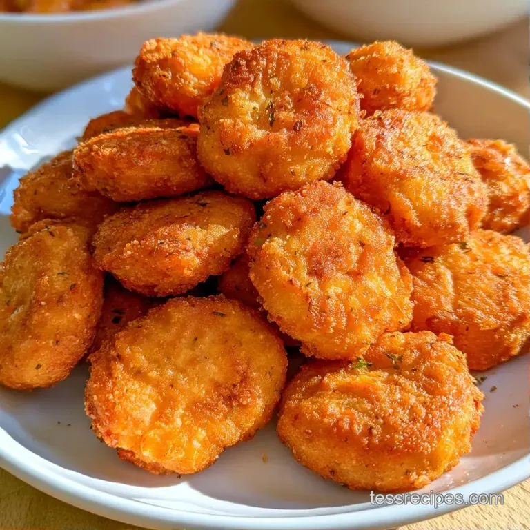 Crispy golden chicken bites arranged neatly on a white ceramic plate with fresh parsley and a small bowl of red ketchup.
