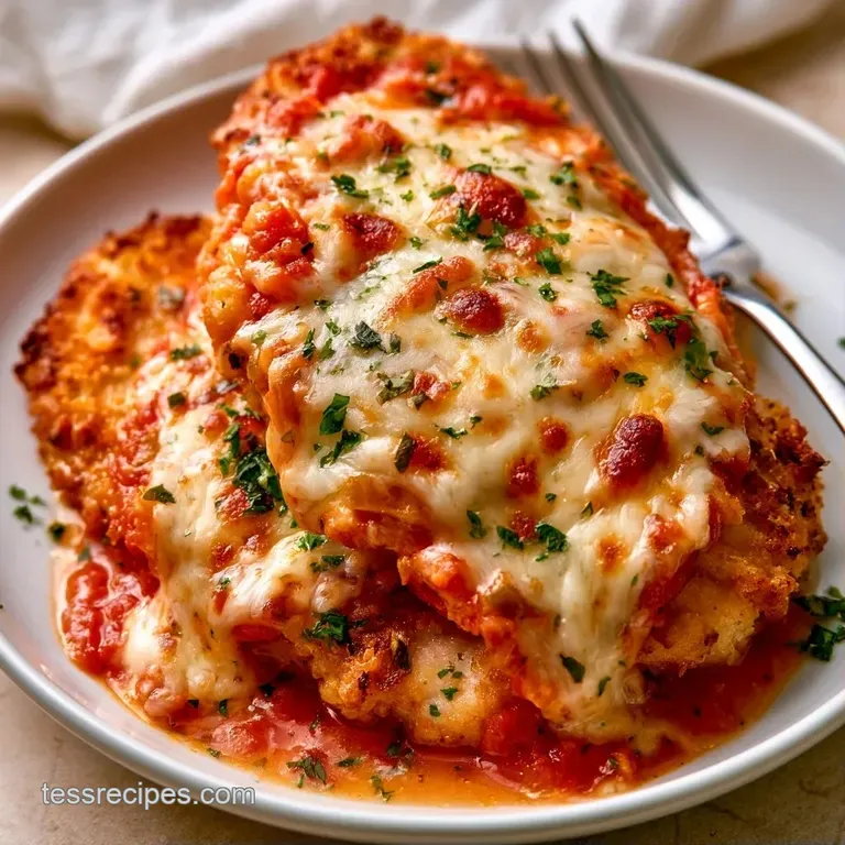 Crispy breaded chicken breast resting on al dente pasta, draped in red sauce and topped with fresh green basil.