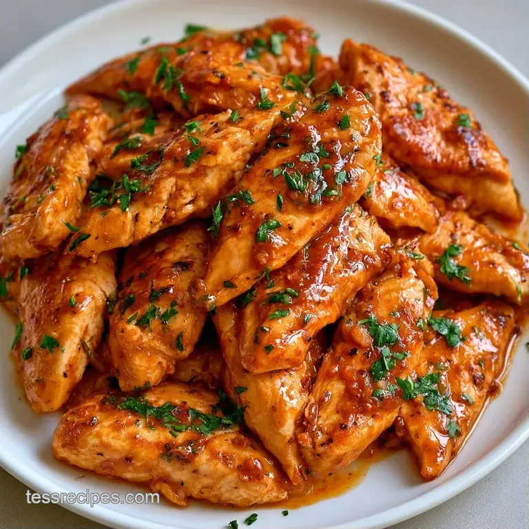 Three golden-brown chicken strips stacked neatly on a white plate with a lemon wedge and a drizzle of garlic butter.