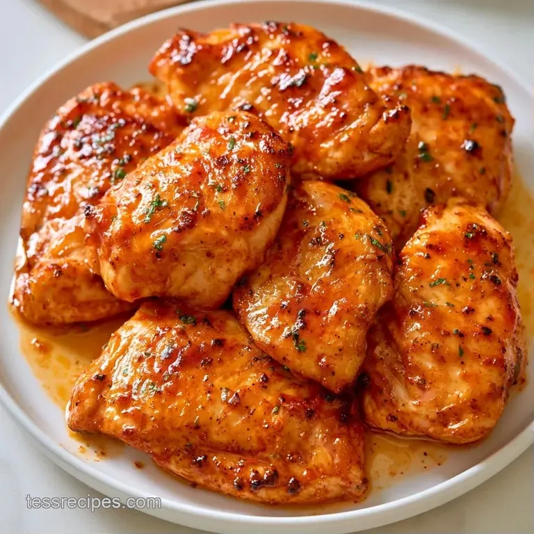 Two succulent chicken thighs resting on creamy mashed potatoes, garnished with a sprig of fresh green parsley.