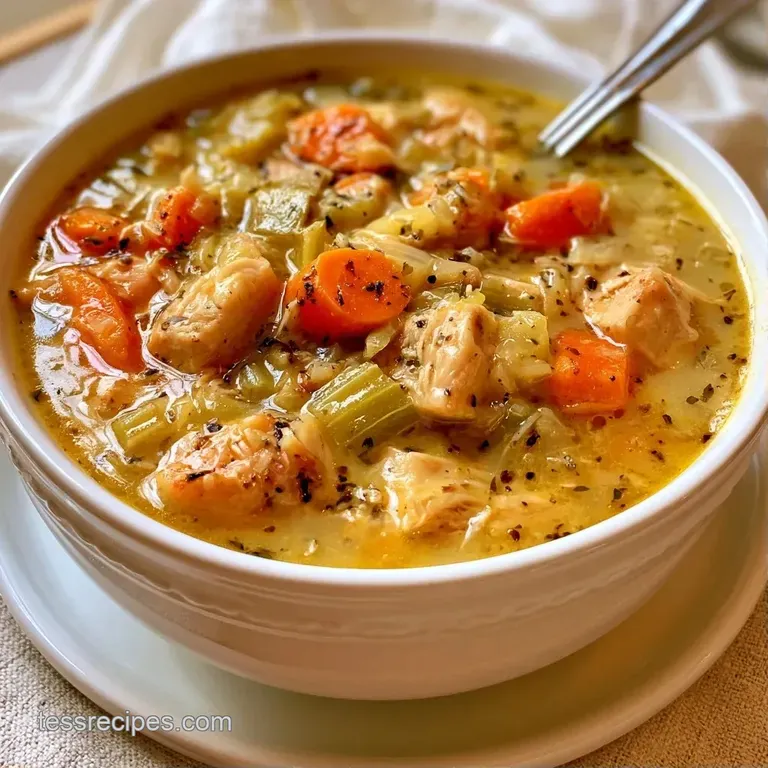 Elegant white bowl of colorful vegetable soup topped with chopped parsley and paired with a warm, crusty baguette.