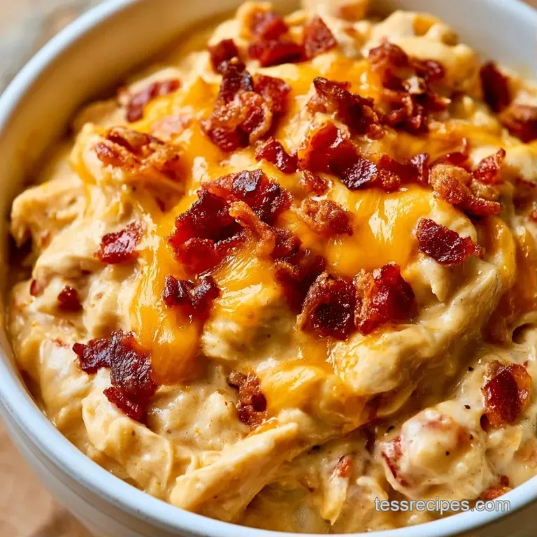 Creamy shredded chicken topped with melted golden cheese and crispy bacon bits served in a white ceramic bowl.