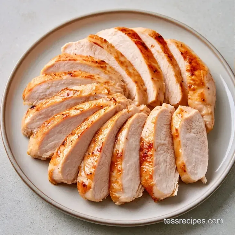 Neatly sliced golden-brown chicken breasts on a white platter, paired with vibrant steamed greens and lemon.