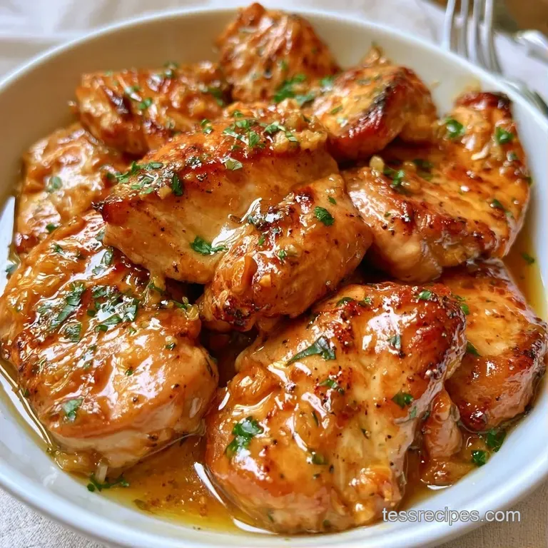 Tender chicken thighs glazed in golden butter, served on a white ceramic plate and garnished with fresh parsley.