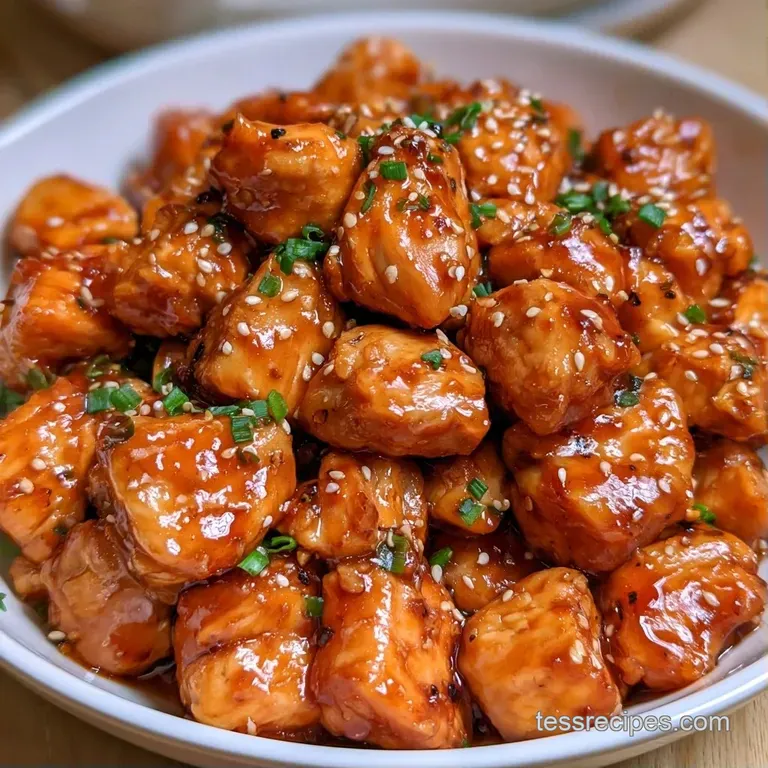 Carefully plated glazed chicken and tender broccoli florets in a modern bowl, topped with fresh sliced scallions.