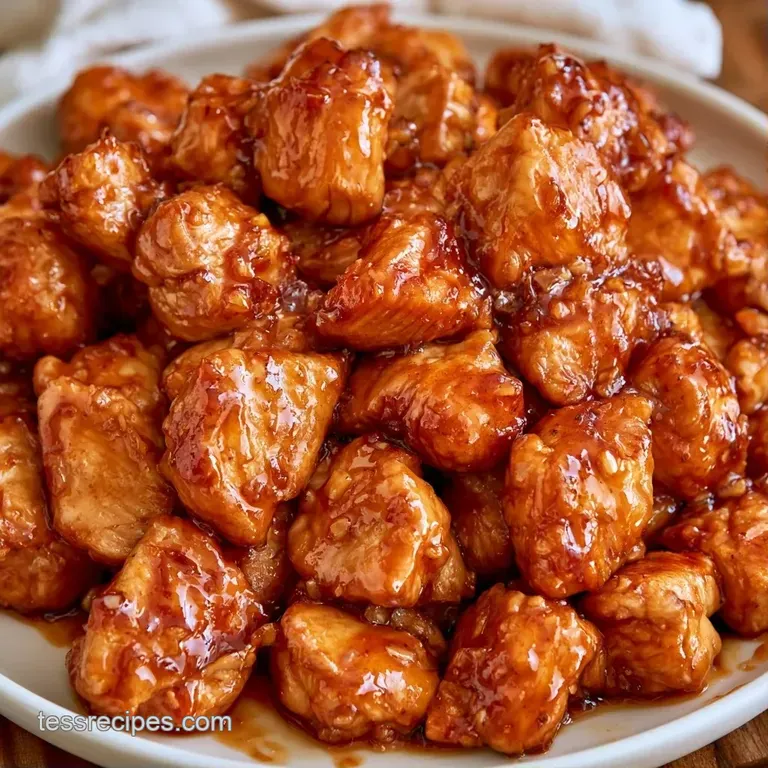 Glazed chicken bites on a white ceramic plate, garnished with toasted sesame seeds and fresh green scallions.