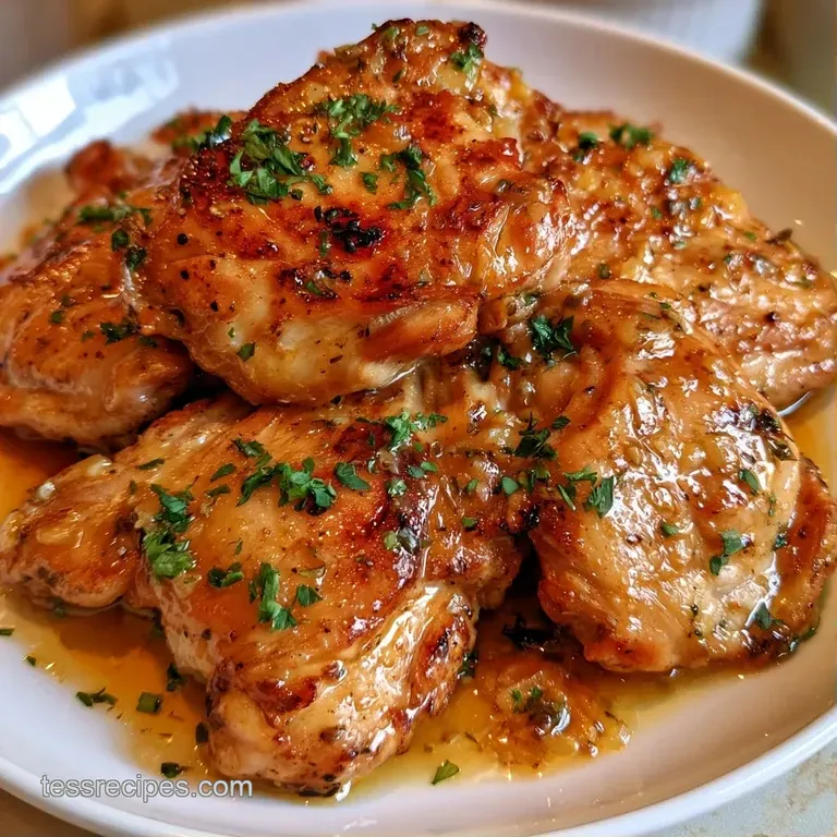 Golden-brown chicken breasts on a white plate, drizzled with a glossy lemon sauce and topped with fresh herbs.