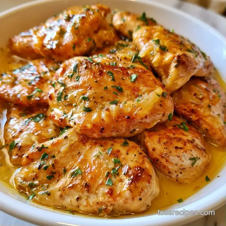 Seared chicken breasts on a white plate with a glossy lemon-butter glaze, fresh herbs, and a side of steamed greens.