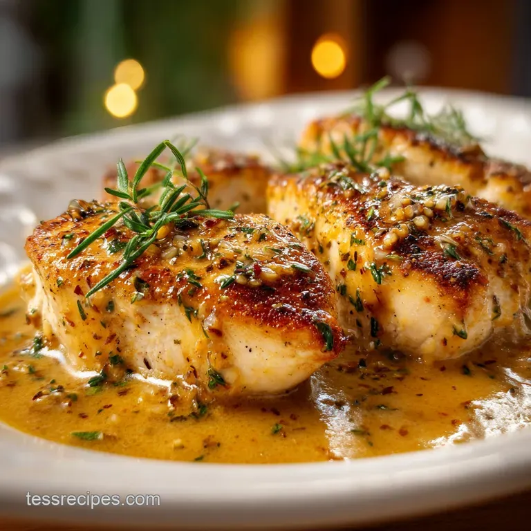 Seared chicken fillets drizzled in a glossy cream sauce with sundried tomatoes atop a white ceramic dinner plate.