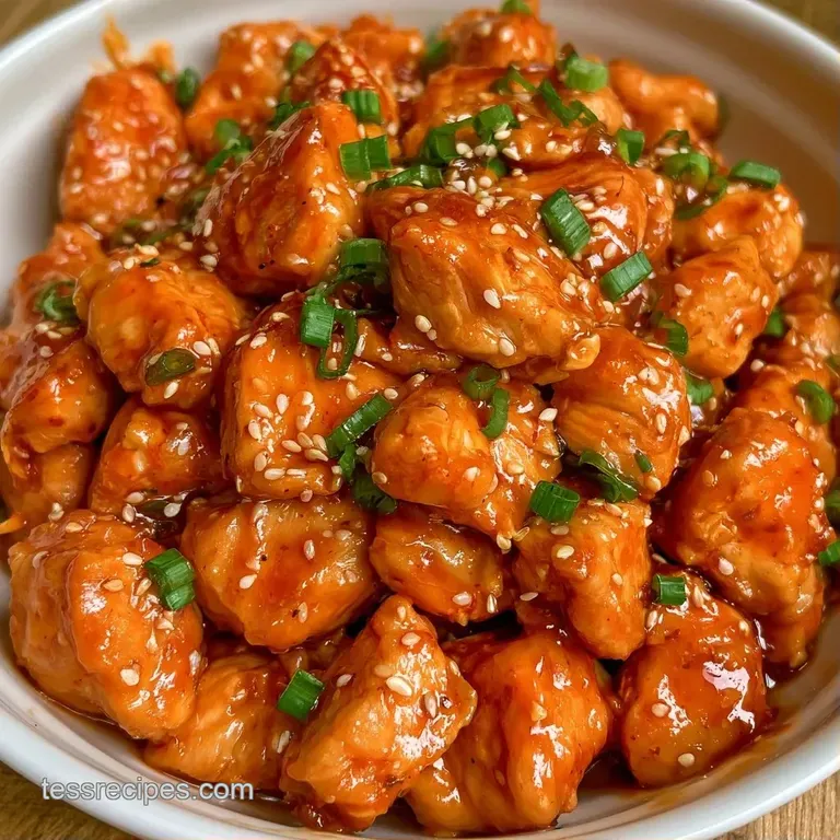 Golden glazed poultry chunks arranged neatly in a white bowl with a sprinkle of seeds and vibrant green onion curls.