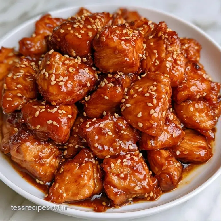 Glossy glazed chicken chunks topped with toasted sesame seeds and sliced scallions in a minimalist white bowl.