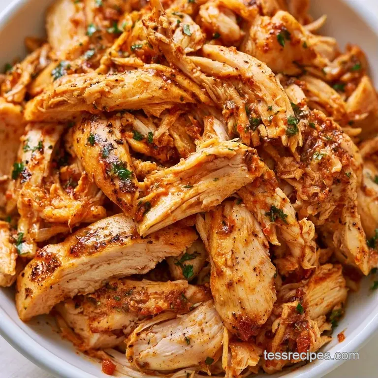 A neat mound of juicy shredded white meat topped with fresh parsley, served in a shallow matte black bowl.